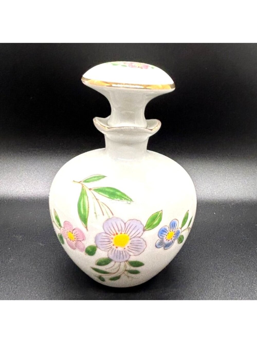 Vintage Hand-Painted Perfume Bottle Japanese Handpainted Floral Gold tone Accent
